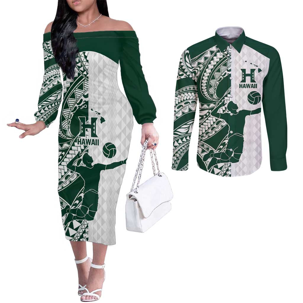 Polynesian Hawaii Volleyball Custom Couples Matching Off The Shoulder Long Sleeve Dress and Long Sleeve Button Shirt Kakau with Sport Style