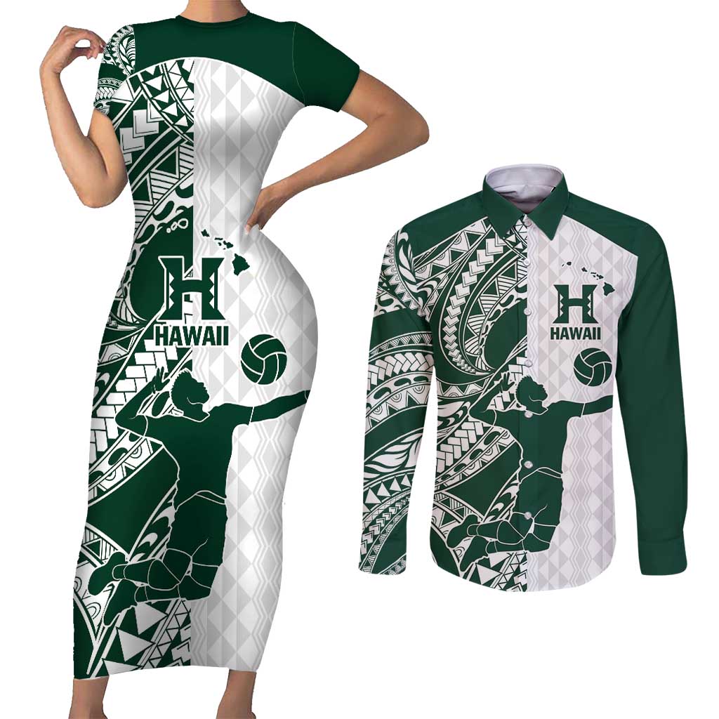 Polynesian Hawaii Volleyball Custom Couples Matching Short Sleeve Bodycon Dress and Long Sleeve Button Shirt Kakau with Sport Style