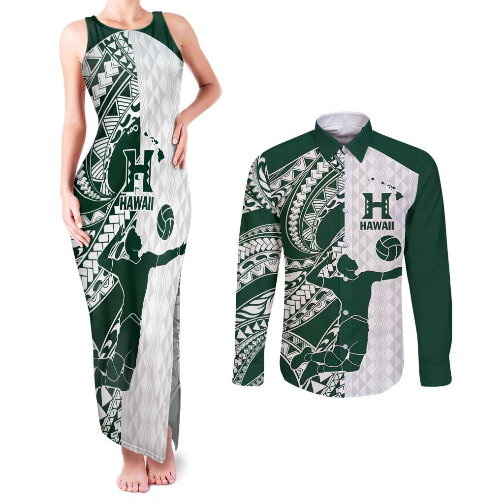 Polynesian Hawaii Volleyball Custom Couples Matching Tank Maxi Dress and Long Sleeve Button Shirt Kakau with Sport Style