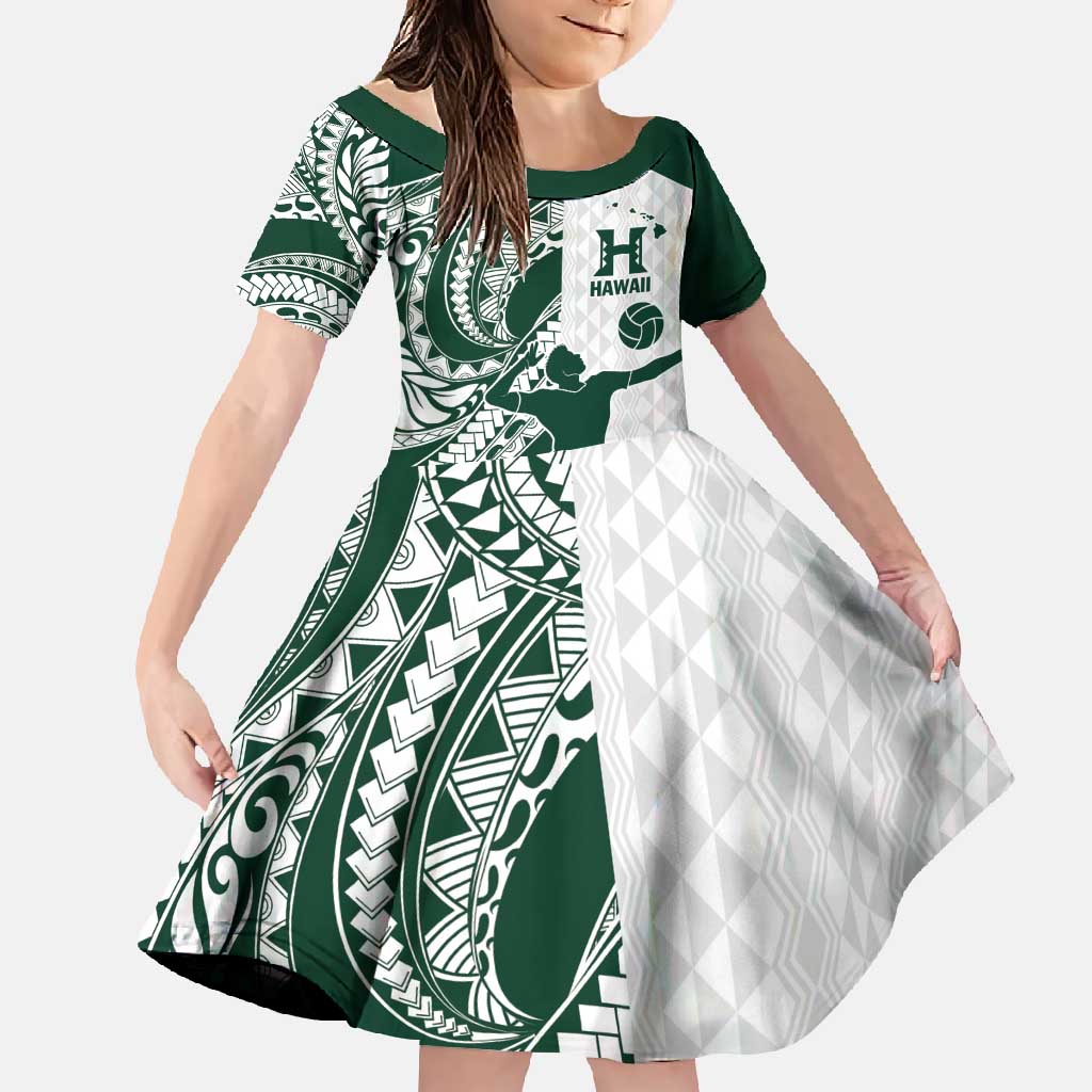 Polynesian Hawaii Volleyball Custom Family Matching Mermaid Dress and Hawaiian Shirt Kakau with Sport Style LT9 Daughter's Dress White - Polynesian Pride