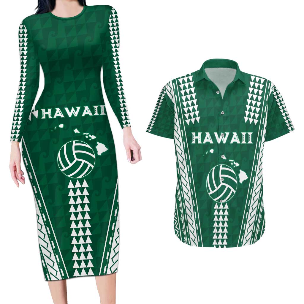 Polynesian Hawaii Volleyball Custom Couples Matching Long Sleeve Bodycon Dress and Hawaiian Shirt Green Kakau with Map Motif