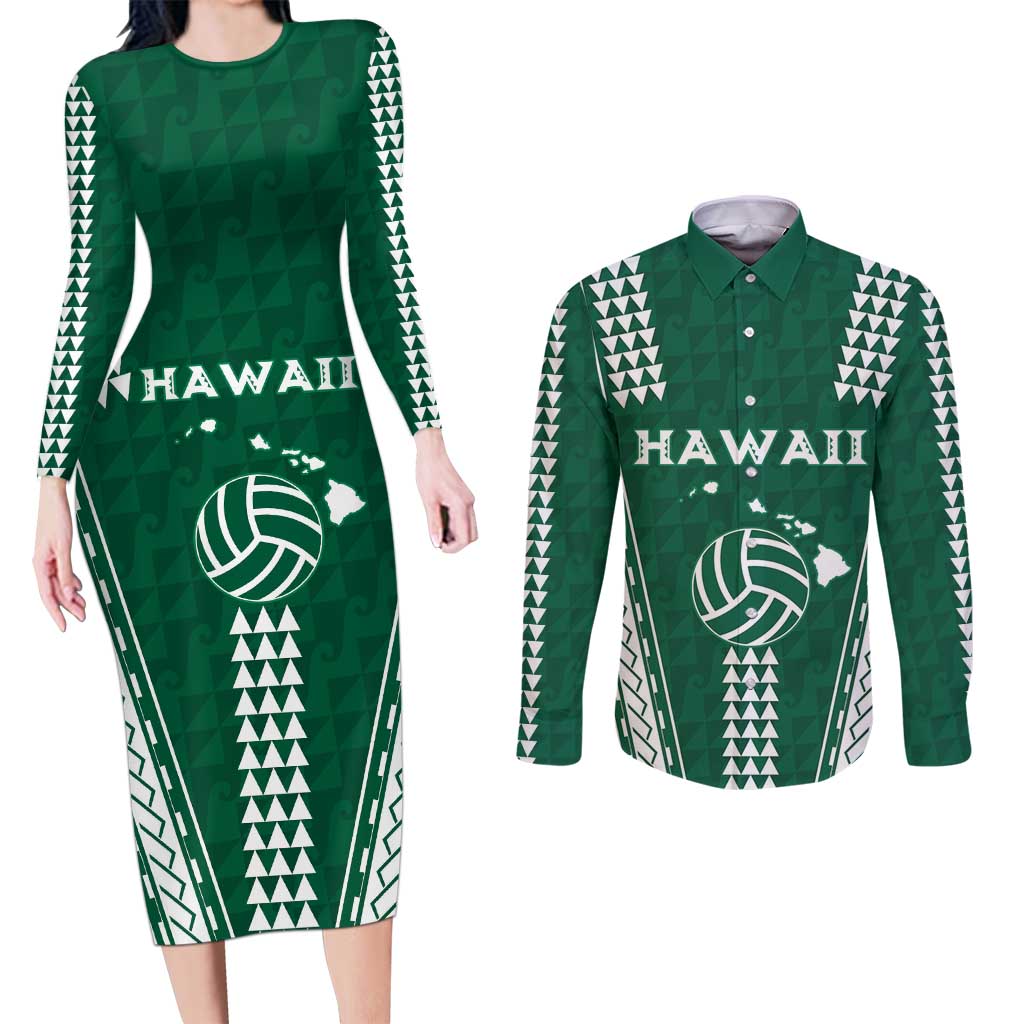 Polynesian Hawaii Volleyball Custom Couples Matching Long Sleeve Bodycon Dress and Long Sleeve Button Shirt Green Kakau with Map Motif