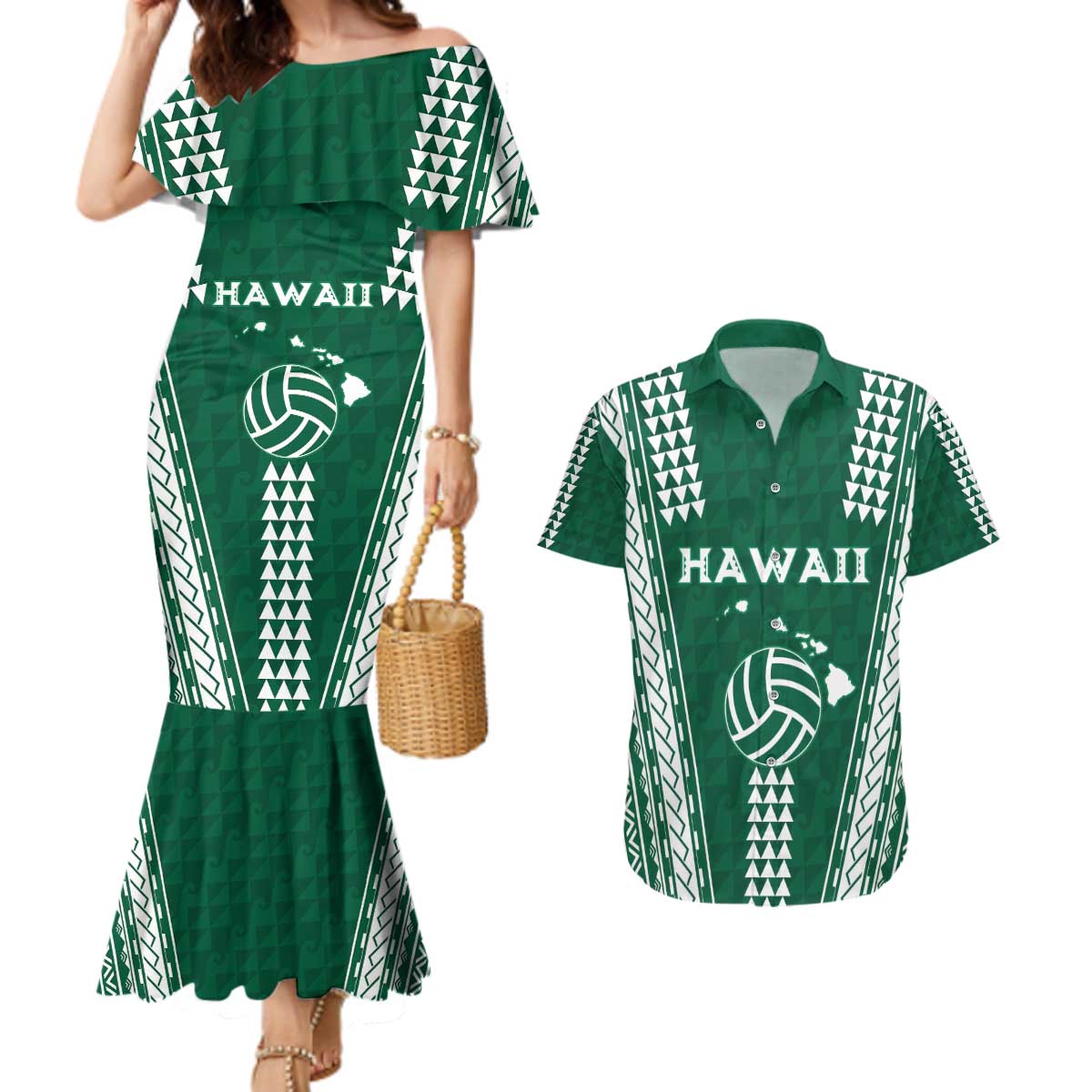 Polynesian Hawaii Volleyball Custom Couples Matching Mermaid Dress and Hawaiian Shirt Green Kakau with Map Motif