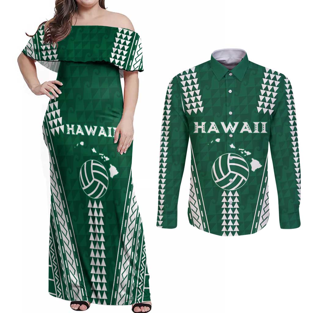 Polynesian Hawaii Volleyball Custom Couples Matching Off Shoulder Maxi Dress and Long Sleeve Button Shirt Green Kakau with Map Motif