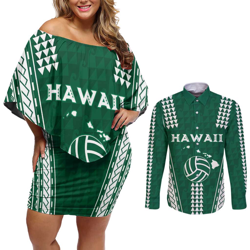 Polynesian Hawaii Volleyball Custom Couples Matching Off Shoulder Short Dress and Long Sleeve Button Shirt Green Kakau with Map Motif