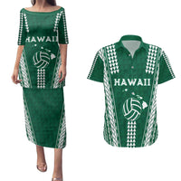 Polynesian Hawaii Volleyball Custom Couples Matching Puletasi and Hawaiian Shirt Green Kakau with Map Motif