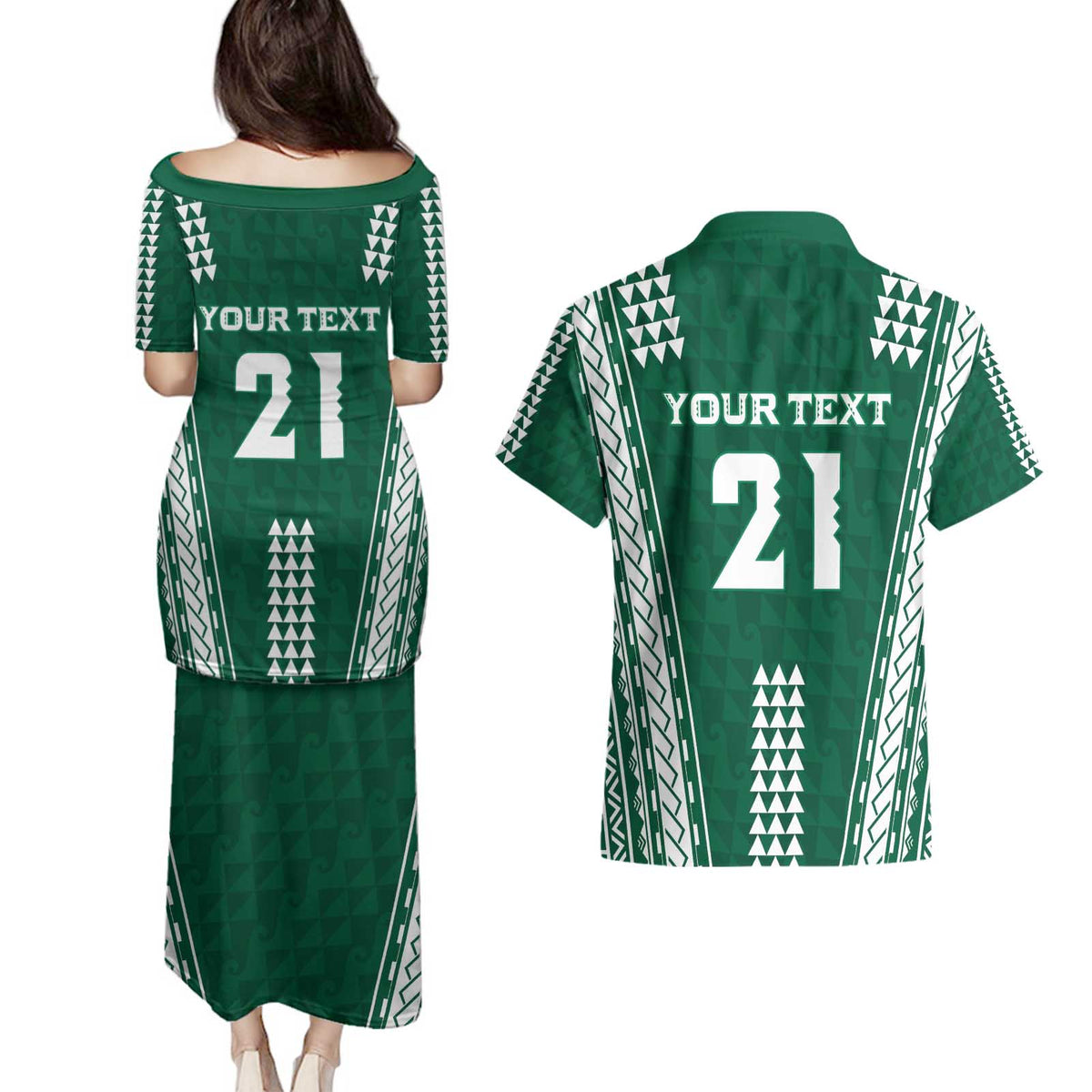 Polynesian Hawaii Volleyball Custom Couples Matching Puletasi and Hawaiian Shirt Green Kakau with Map Motif