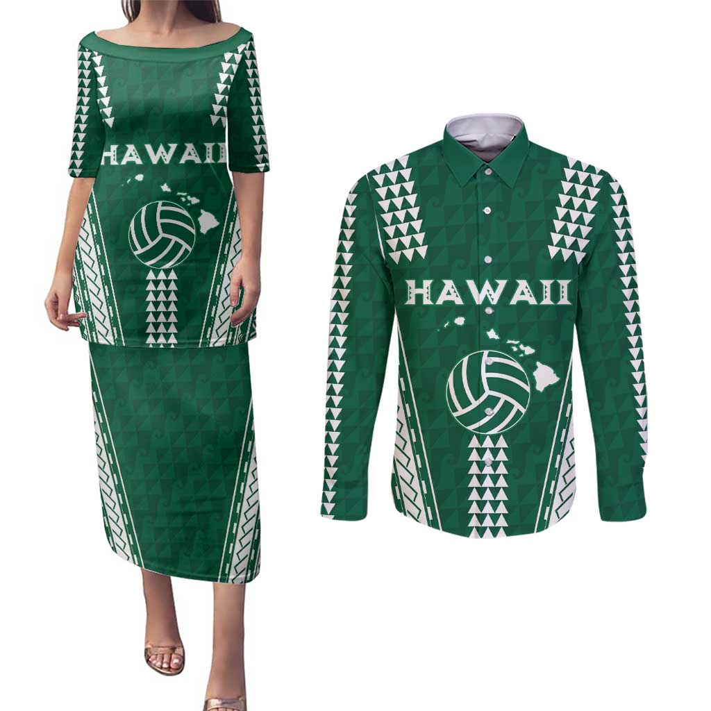 Polynesian Hawaii Volleyball Custom Couples Matching Puletasi and Long Sleeve Button Shirt Green Kakau with Map Motif