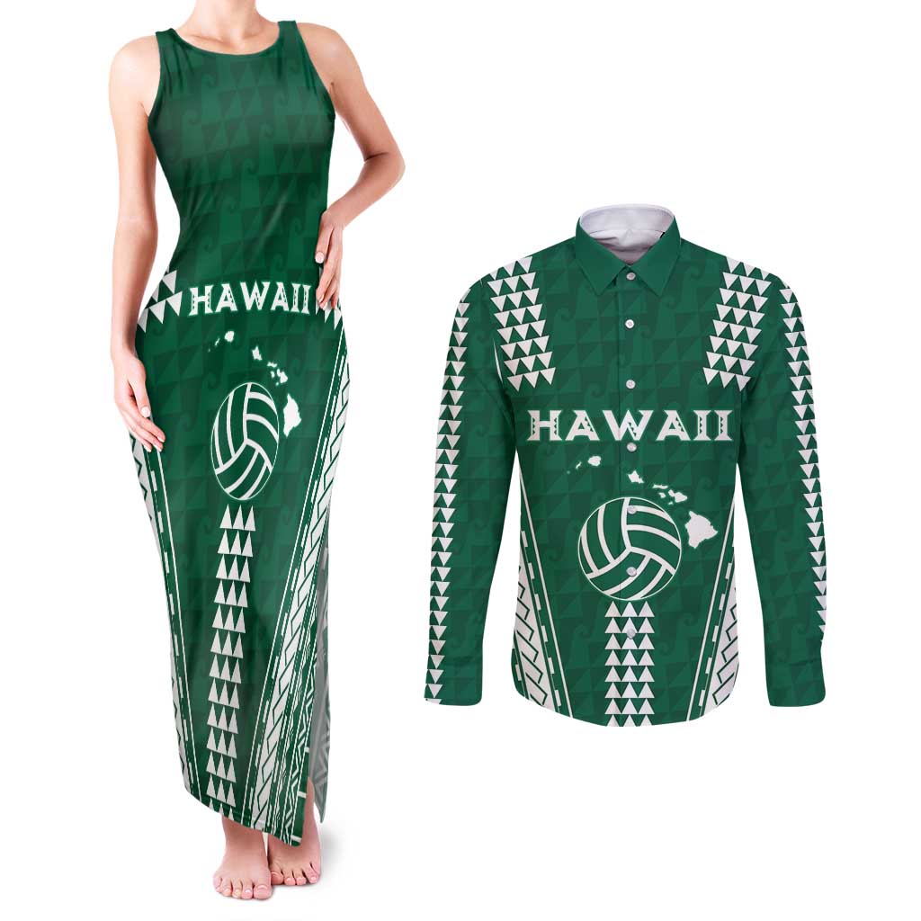 Polynesian Hawaii Volleyball Custom Couples Matching Tank Maxi Dress and Long Sleeve Button Shirt Green Kakau with Map Motif