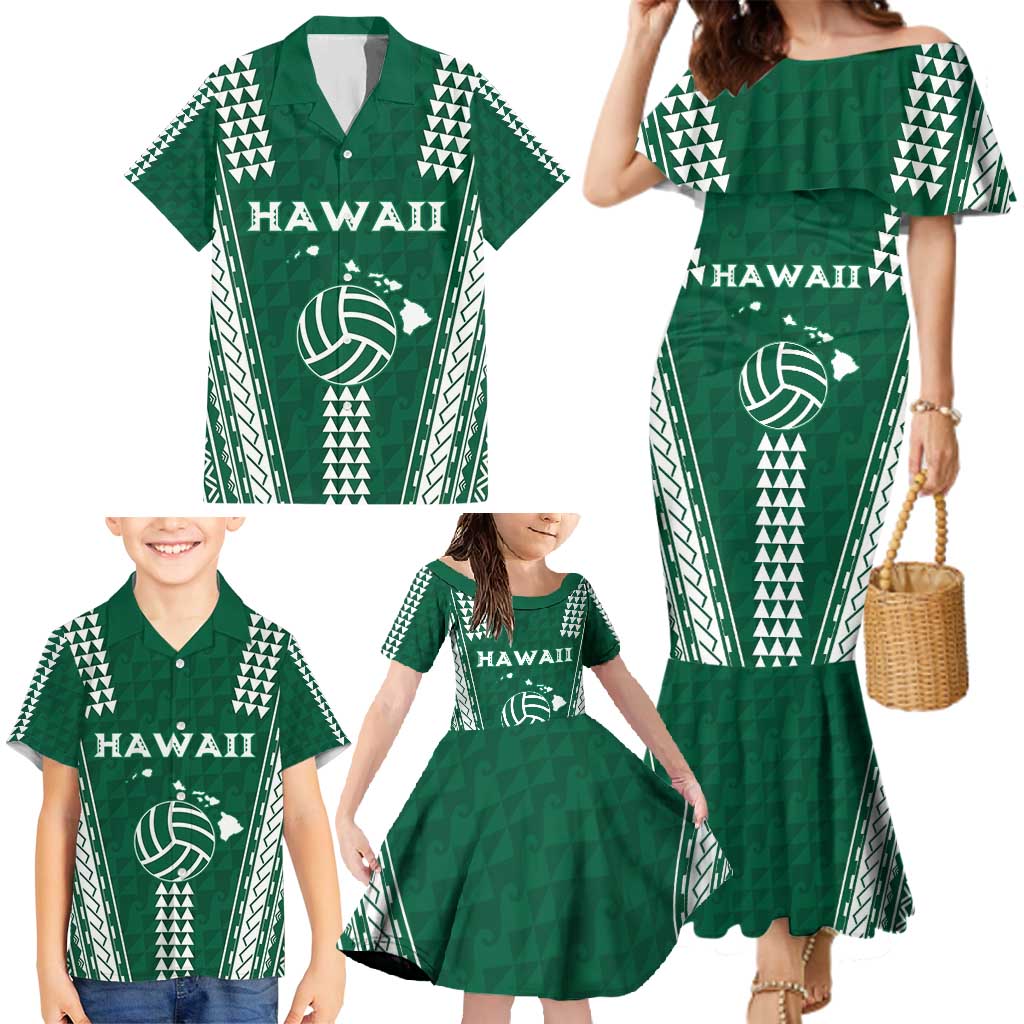 Polynesian Hawaii Volleyball Custom Family Matching Mermaid Dress and Hawaiian Shirt Green Kakau with Map Motif LT9 - Polynesian Pride