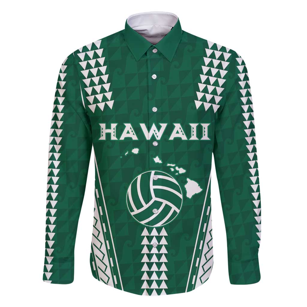 Polynesian Hawaii Volleyball Custom Family Matching Mermaid Dress and Hawaiian Shirt Green Kakau with Map Motif LT9 Dad's Shirt - Long Sleeve Green - Polynesian Pride
