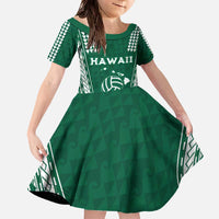 Polynesian Hawaii Volleyball Custom Family Matching Off The Shoulder Long Sleeve Dress and Hawaiian Shirt Green Kakau with Map Motif