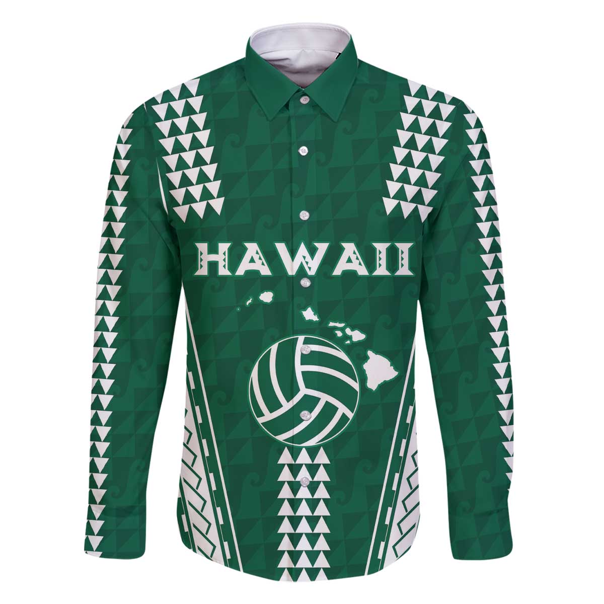 Polynesian Hawaii Volleyball Custom Family Matching Off The Shoulder Long Sleeve Dress and Hawaiian Shirt Green Kakau with Map Motif
