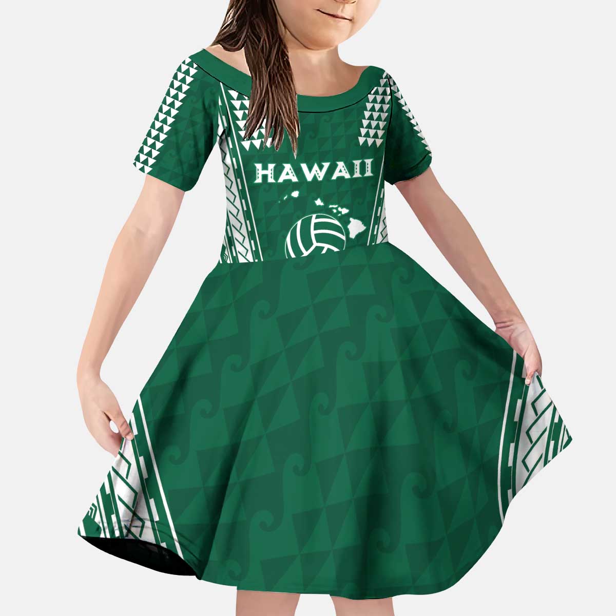 Polynesian Hawaii Volleyball Custom Kid Short Sleeve Dress Green Kakau with Map Motif