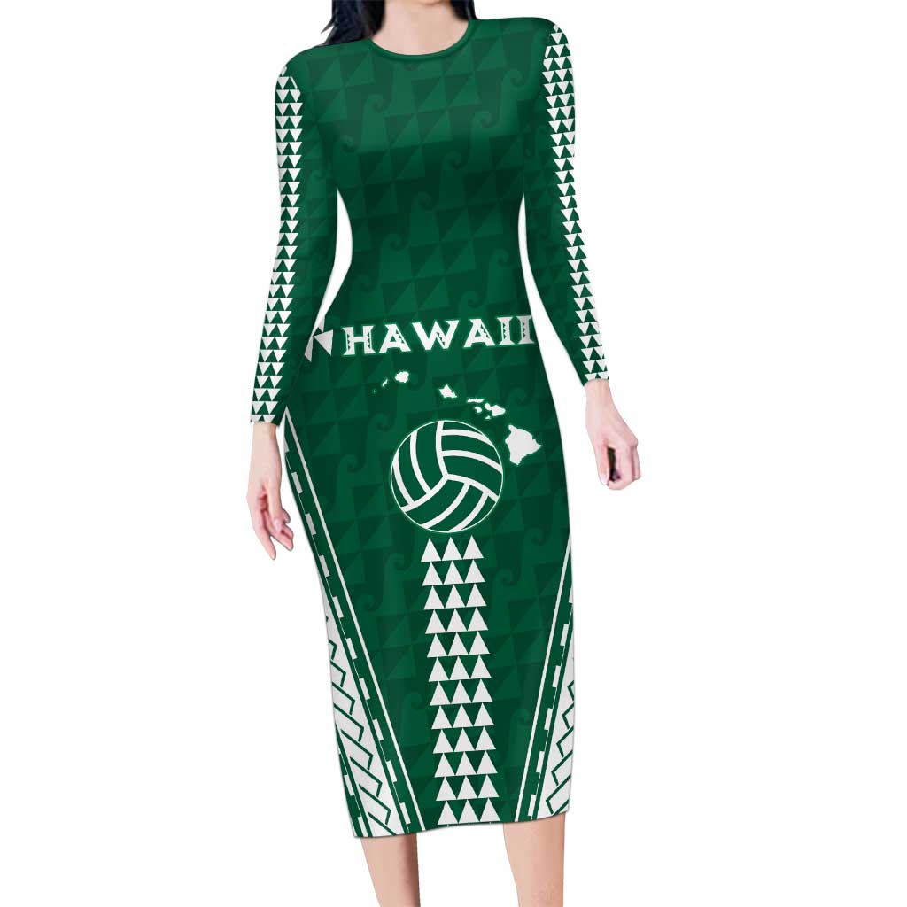 Polynesian Hawaii Volleyball Custom Long Sleeve Bodycon Dress Green Kakau with Map Motif