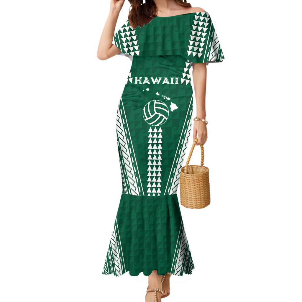 Polynesian Hawaii Volleyball Custom Mermaid Dress Green Kakau with Map Motif