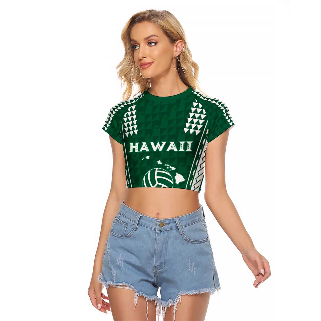 Polynesian Hawaii Volleyball Custom Raglan Cropped T Shirt Green Kakau with Map Motif