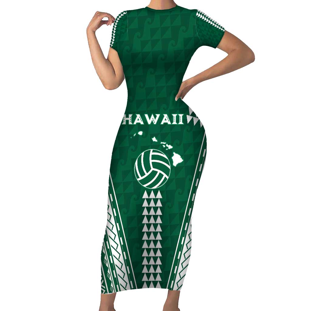 Polynesian Hawaii Volleyball Custom Short Sleeve Bodycon Dress Green Kakau with Map Motif