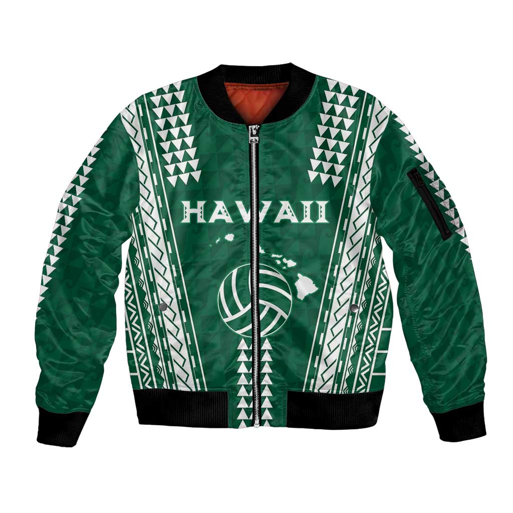 Polynesian Hawaii Volleyball Custom Sleeve Zip Bomber Jacket Green Kakau with Map Motif