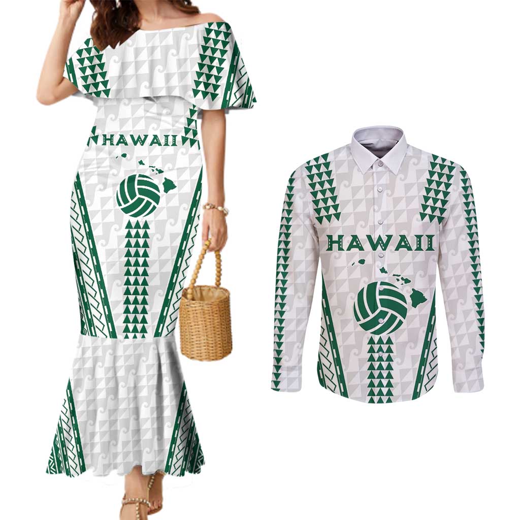 Polynesian Hawaii Volleyball Custom Couples Matching Mermaid Dress and Long Sleeve Button Shirt White Kakau with Map Motif