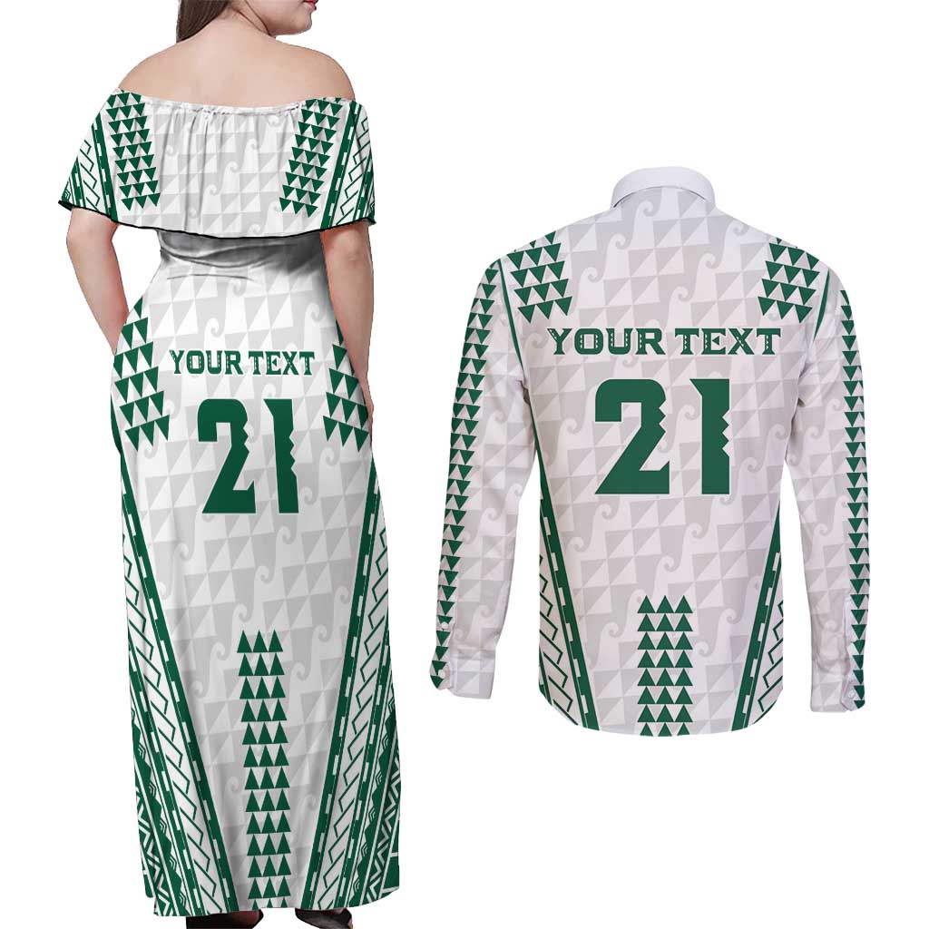 Polynesian Hawaii Volleyball Custom Couples Matching Off Shoulder Maxi Dress and Long Sleeve Button Shirt White Kakau with Map Motif