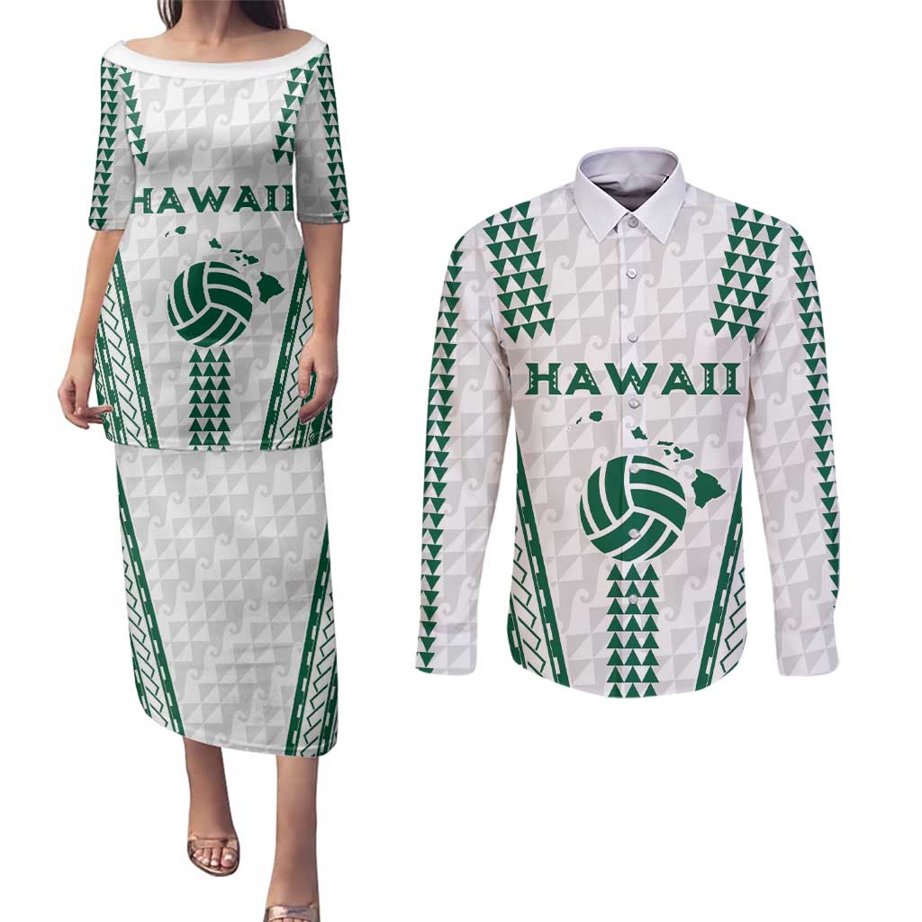 Polynesian Hawaii Volleyball Custom Couples Matching Puletasi and Long Sleeve Button Shirt White Kakau with Map Motif