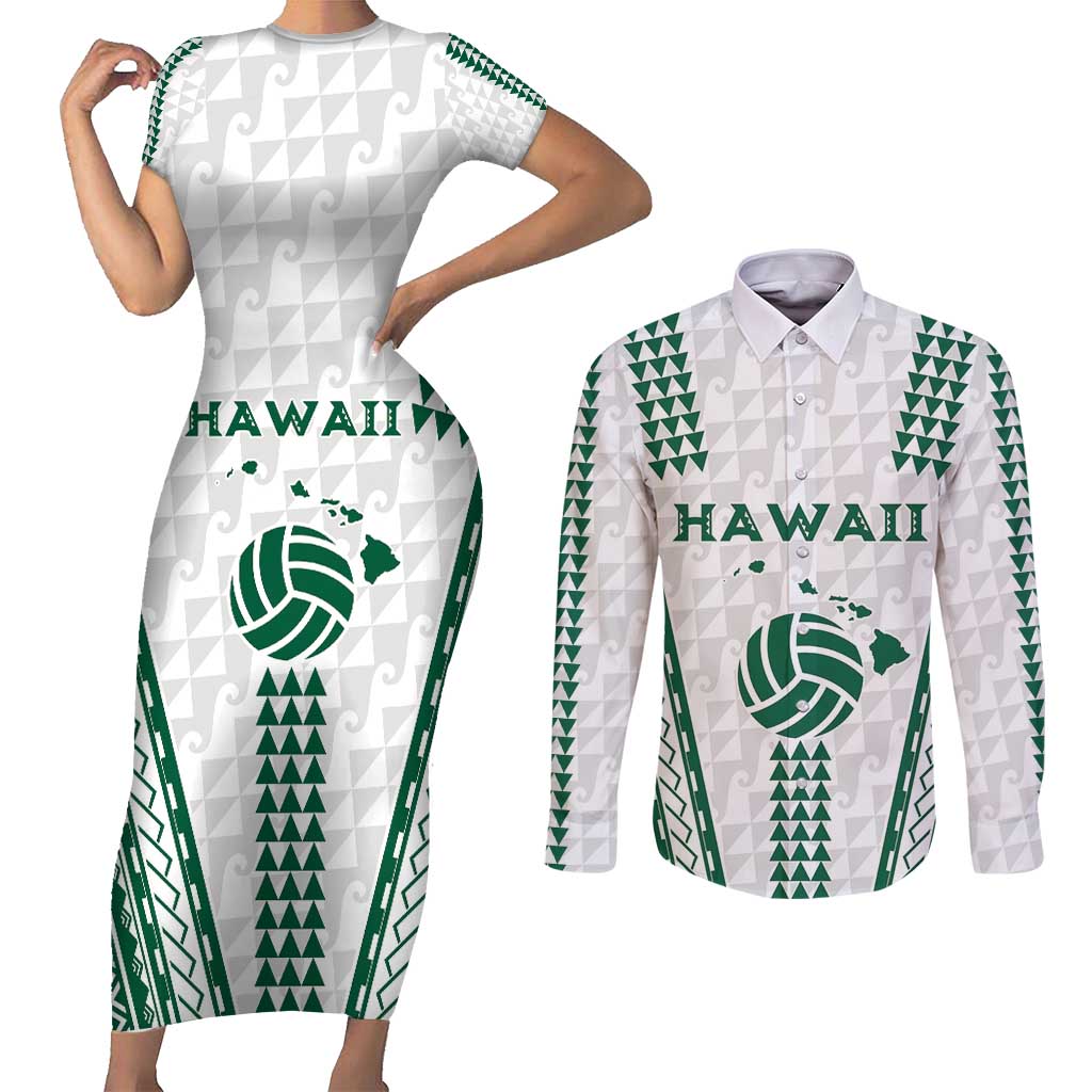 Polynesian Hawaii Volleyball Custom Couples Matching Short Sleeve Bodycon Dress and Long Sleeve Button Shirt White Kakau with Map Motif