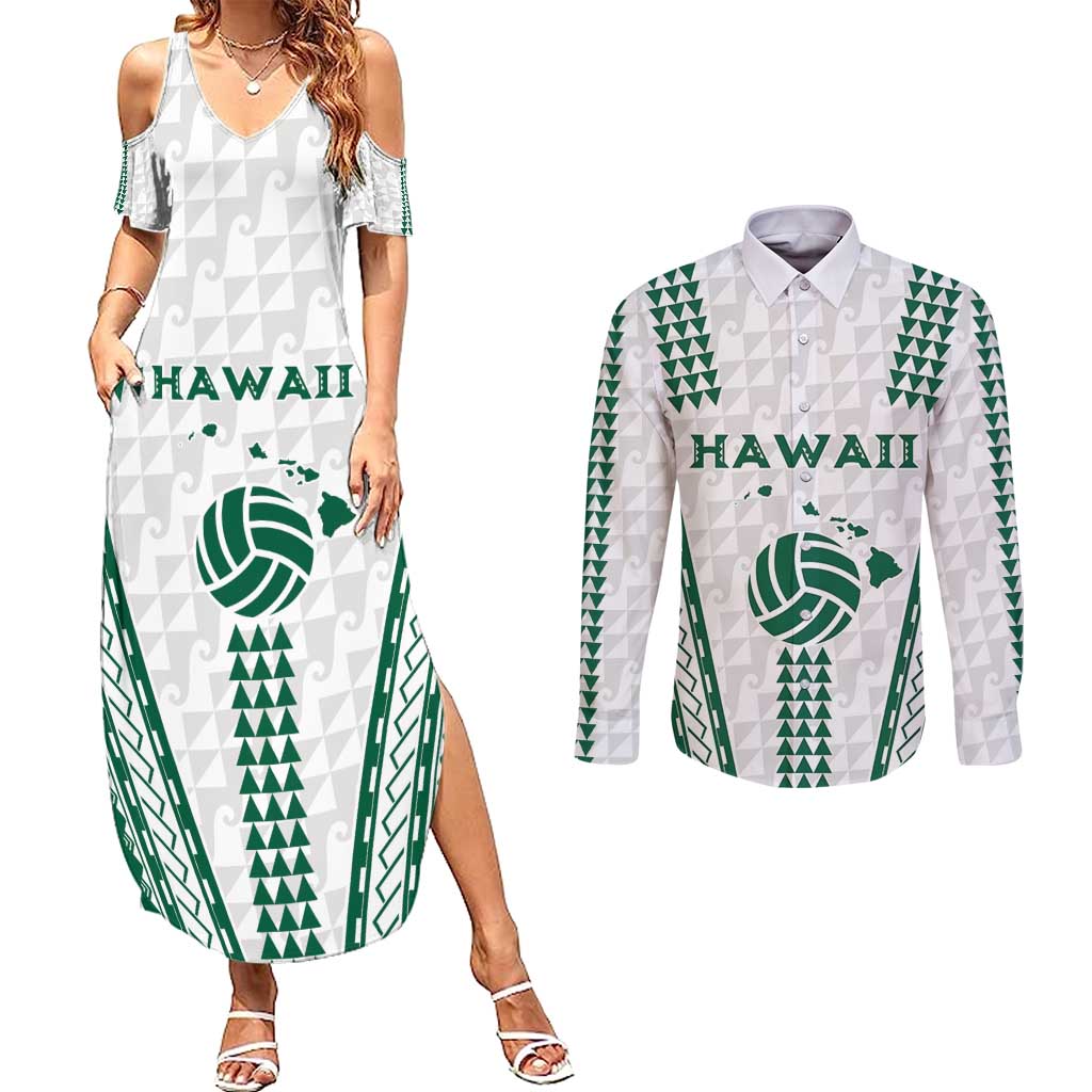 Polynesian Hawaii Volleyball Custom Couples Matching Summer Maxi Dress and Long Sleeve Button Shirt White Kakau with Map Motif