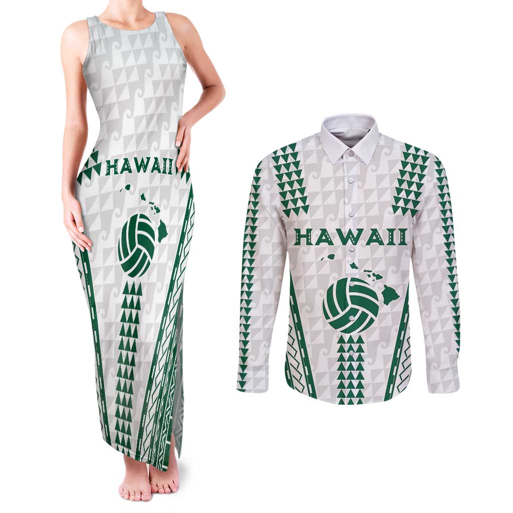 Polynesian Hawaii Volleyball Custom Couples Matching Tank Maxi Dress and Long Sleeve Button Shirt White Kakau with Map Motif