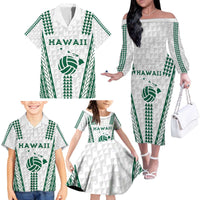 Polynesian Hawaii Volleyball Custom Family Matching Off The Shoulder Long Sleeve Dress and Hawaiian Shirt White Kakau with Map Motif
