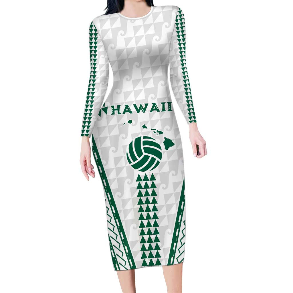 Polynesian Hawaii Volleyball Custom Long Sleeve Bodycon Dress White Kakau with Map Motif