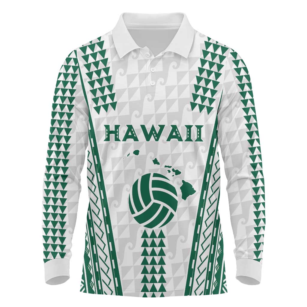 Polynesian Hawaii Volleyball Custom Long Sleeve Polo Shirt White Kakau with Map Motif