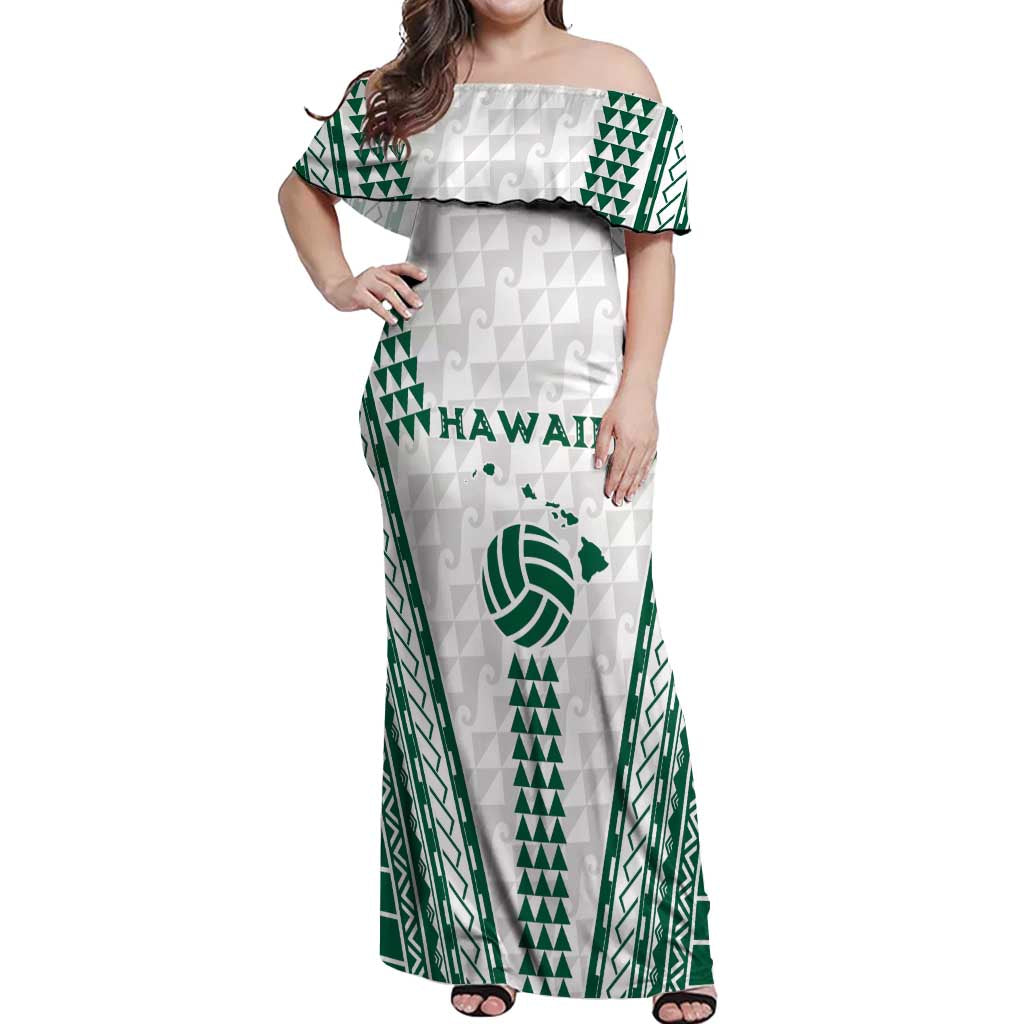 Polynesian Hawaii Volleyball Custom Off Shoulder Maxi Dress White Kakau with Map Motif