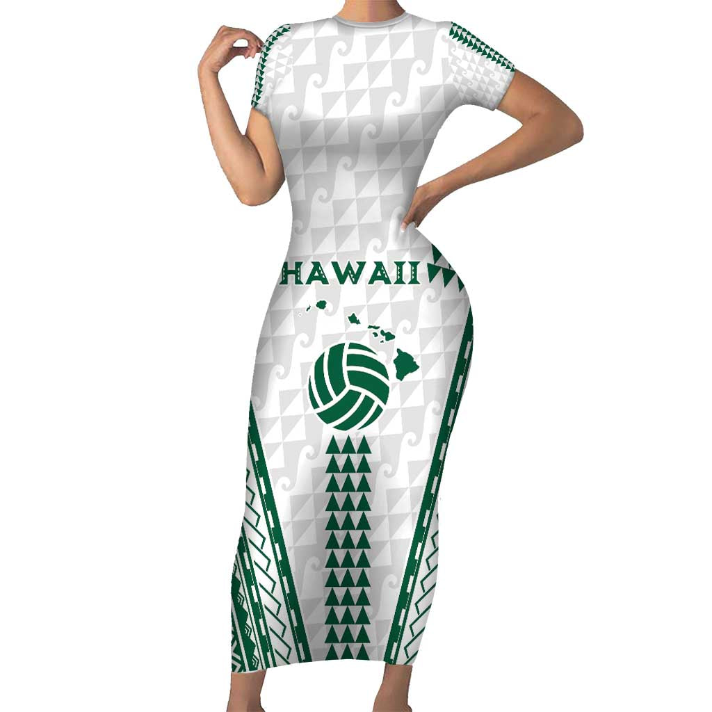 Polynesian Hawaii Volleyball Custom Short Sleeve Bodycon Dress White Kakau with Map Motif