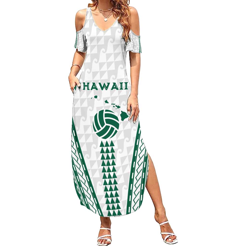 Polynesian Hawaii Volleyball Custom Summer Maxi Dress White Kakau with Map Motif