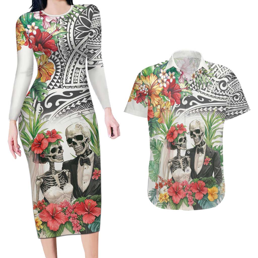 Skeleton Love for Valentine’s Day Couples Matching Long Sleeve Bodycon Dress and Hawaiian Shirt Polynesian Tribal Love Forever