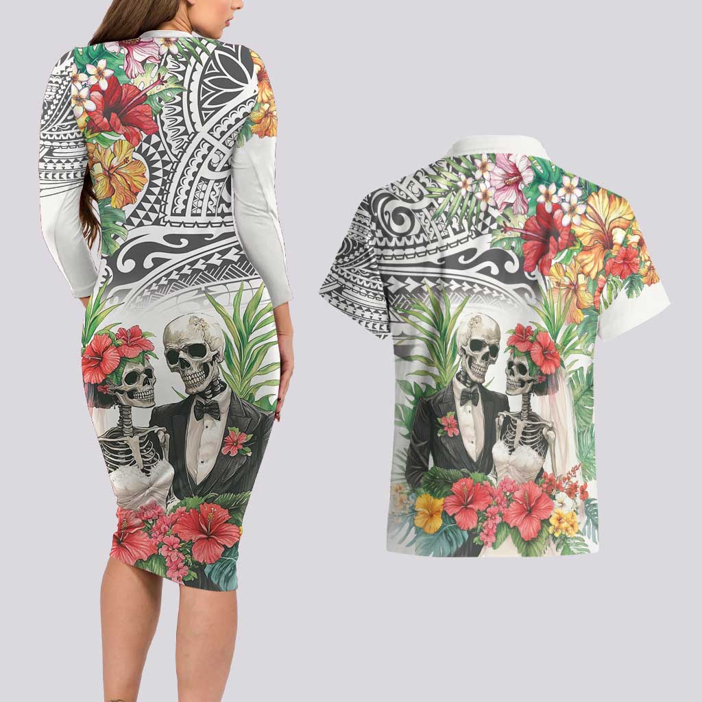 Skeleton Love for Valentine’s Day Couples Matching Long Sleeve Bodycon Dress and Hawaiian Shirt Polynesian Tribal Love Forever