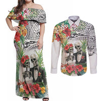 Skeleton Love for Valentine’s Day Couples Matching Off Shoulder Maxi Dress and Long Sleeve Button Shirt Polynesian Tribal Love Forever