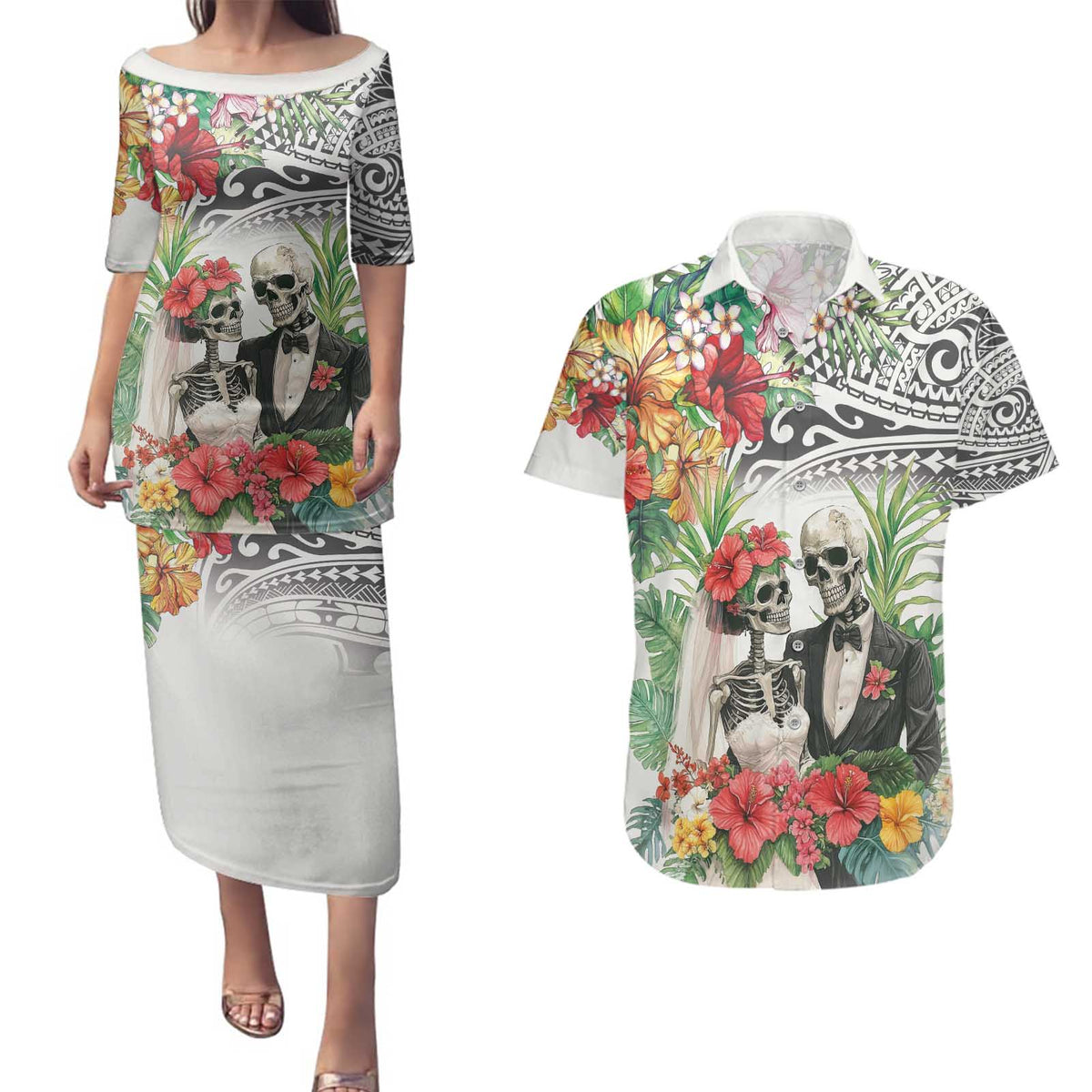 Skeleton Love for Valentine’s Day Couples Matching Puletasi and Hawaiian Shirt Polynesian Tribal Love Forever