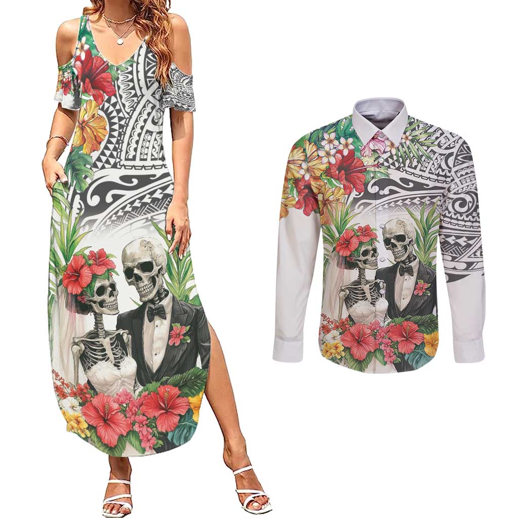 Skeleton Love for Valentine’s Day Couples Matching Summer Maxi Dress and Long Sleeve Button Shirt Polynesian Tribal Love Forever