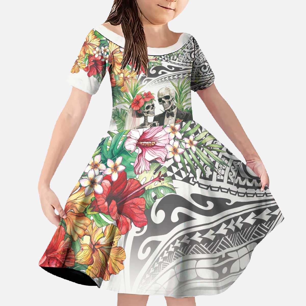 Skeleton Love for Valentines Day Family Matching Off The Shoulder Long Sleeve Dress and Hawaiian Shirt Polynesian Tribal Love Forever LT9 Daughter's Dress White - Polynesian Pride
