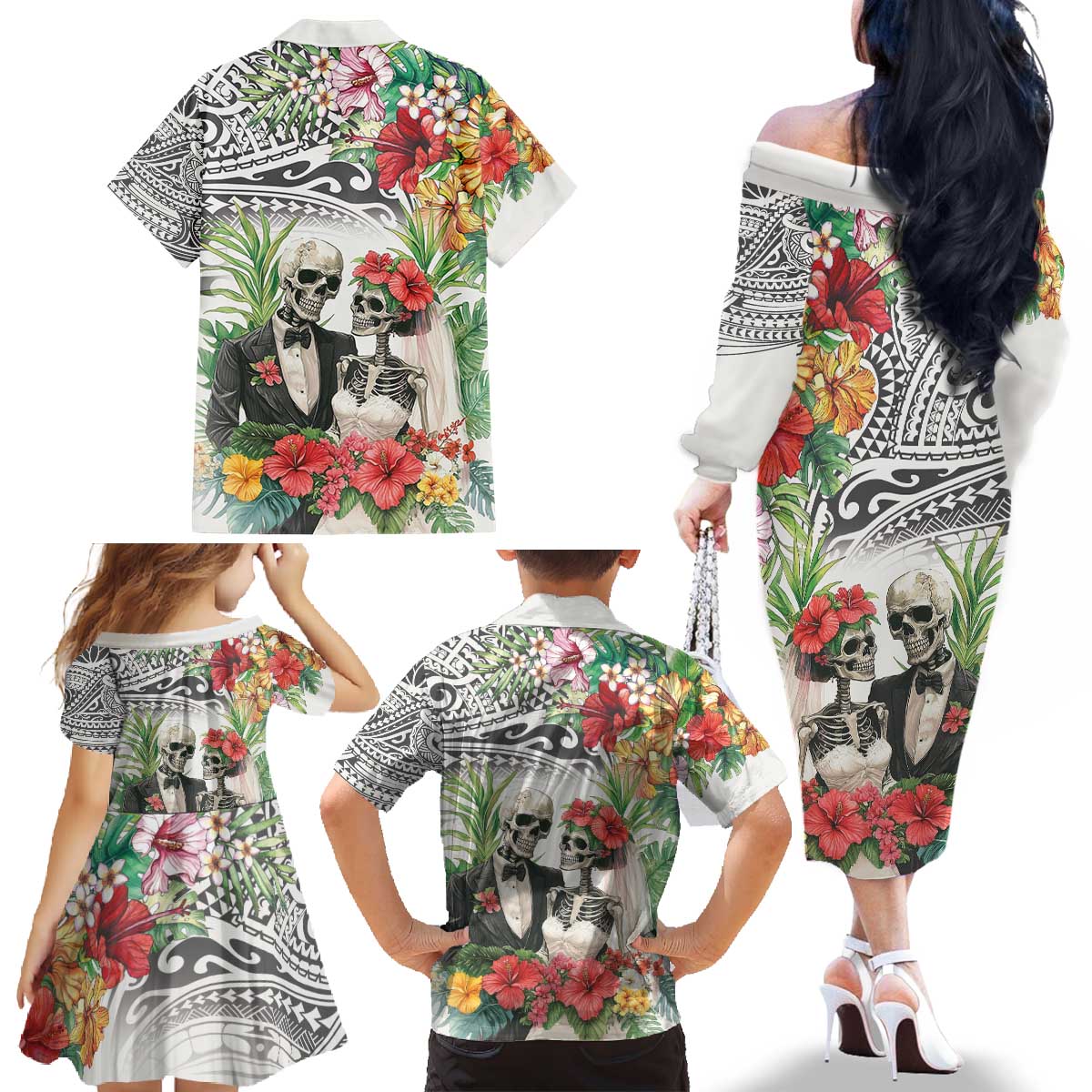 Skeleton Love for Valentines Day Family Matching Off The Shoulder Long Sleeve Dress and Hawaiian Shirt Polynesian Tribal Love Forever LT9 - Polynesian Pride