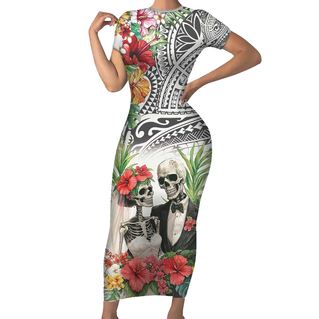 Skeleton Love for Valentines Day Family Matching Short Sleeve Bodycon Dress and Hawaiian Shirt Polynesian Tribal Love Forever LT9 Mom's Dress White - Polynesian Pride