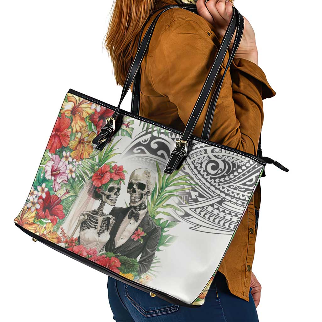 Skeleton Love for Valentine’s Day Leather Tote Bag Polynesian Tribal Love Forever