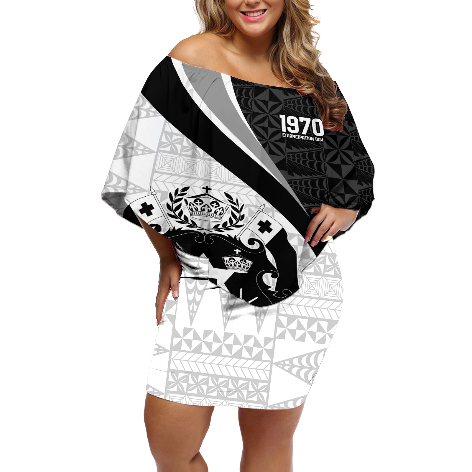 Personalised Tonga Emancipation Day Off Shoulder Short Dress Since 1970 Ngatu Tribal Pattern