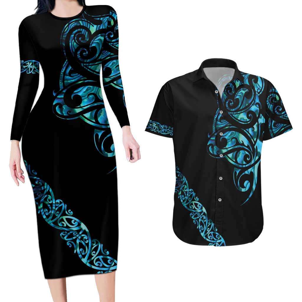 All Black Maori Tribal Tattoo Personalised Couples Matching Long Sleeve Bodycon Dress and Hawaiian Shirt Polynesian Style