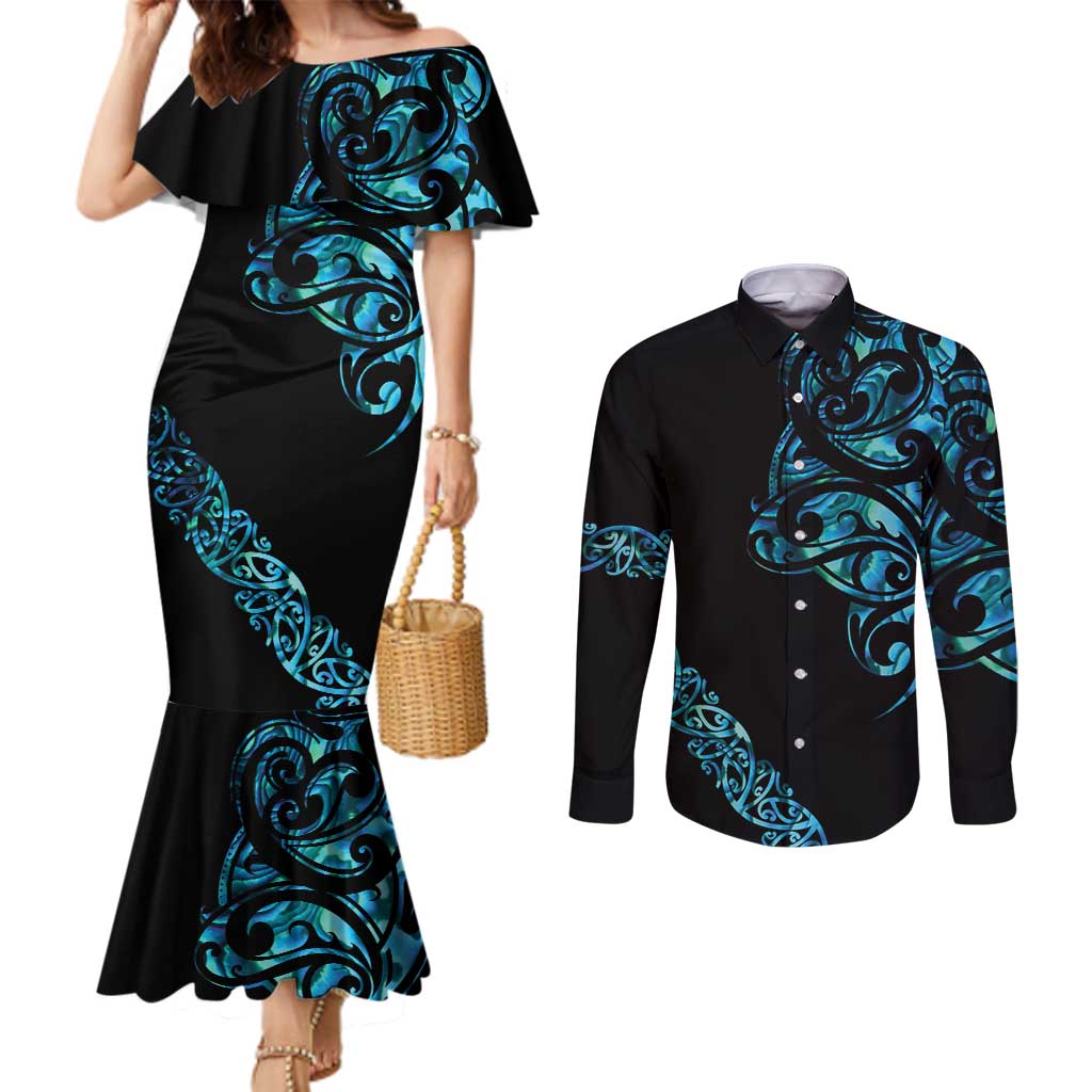 All Black Maori Tribal Tattoo Personalised Couples Matching Mermaid Dress and Long Sleeve Button Shirt Polynesian Style