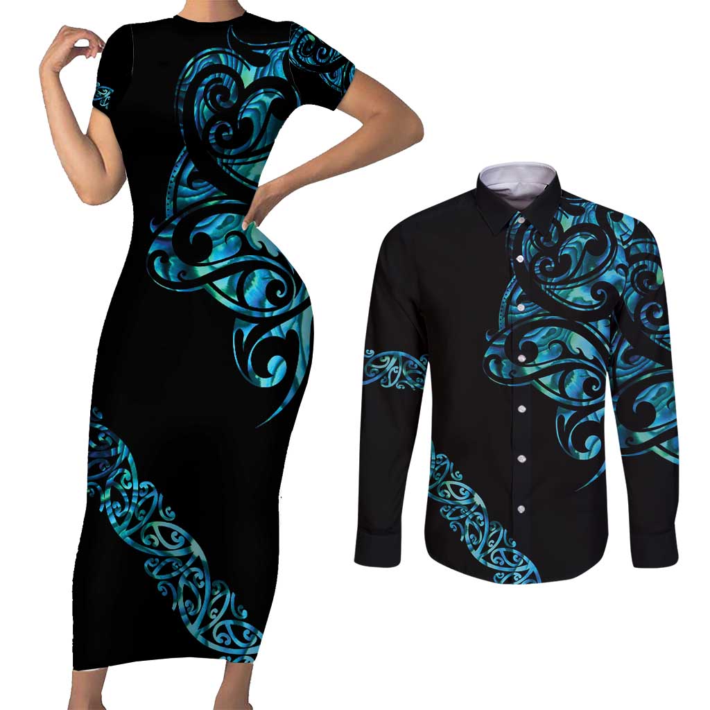 All Black Maori Tribal Tattoo Personalised Couples Matching Short Sleeve Bodycon Dress and Long Sleeve Button Shirt Polynesian Style