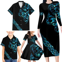 All Black Maori Tribal Tattoo Personalised Family Matching Long Sleeve Bodycon Dress and Hawaiian Shirt Polynesian Style