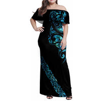 All Black Maori Tribal Tattoo Personalised Family Matching Off Shoulder Maxi Dress and Hawaiian Shirt Polynesian Style LT9 Mom's Dress Black - Polynesian Pride
